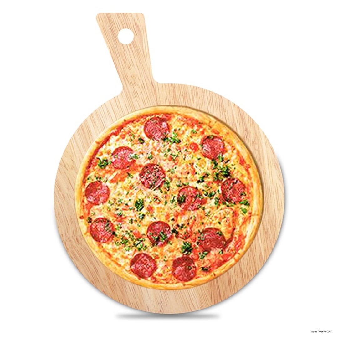 Round cutting board with beveled handle. 