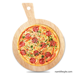 Round cutting board with beveled handle. 